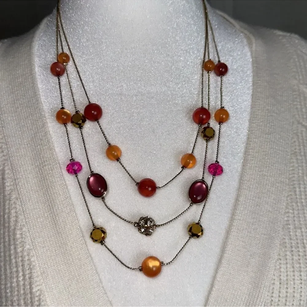 avenue Pink Tangerine Gold Tone Triple Strand Floating Illusion Necklace